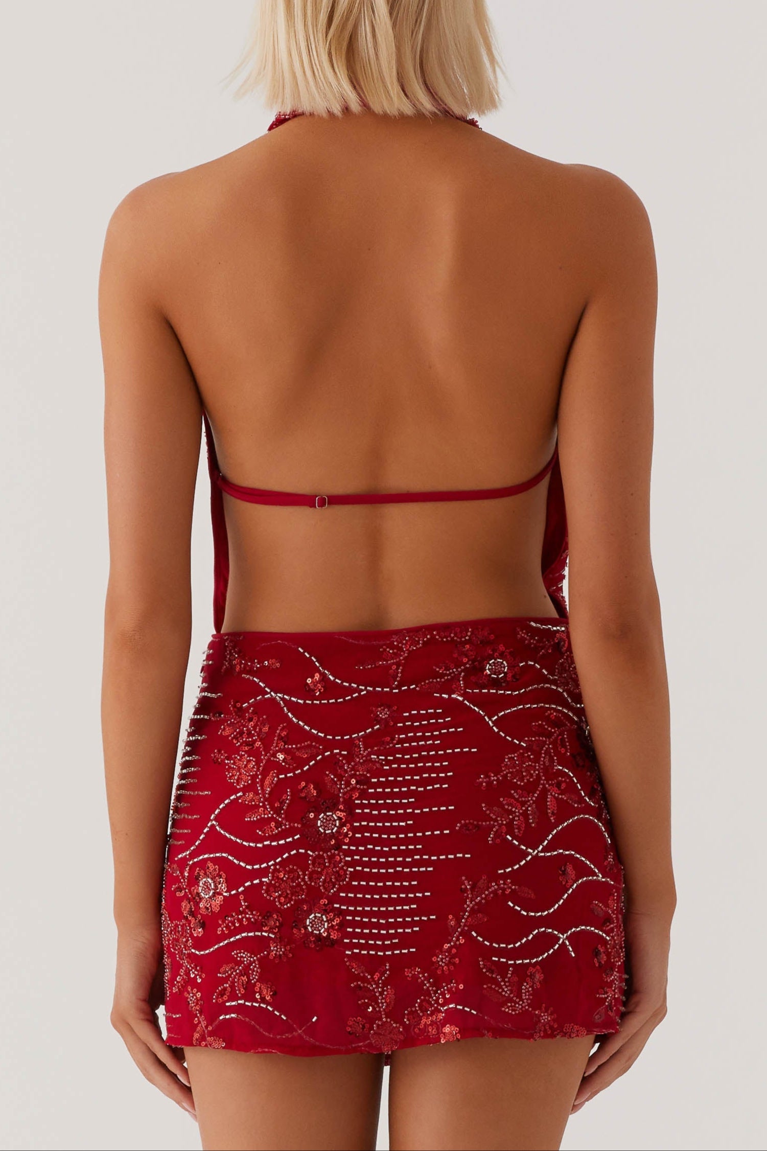 COWL NECK BEADED RED PARTY DRESS