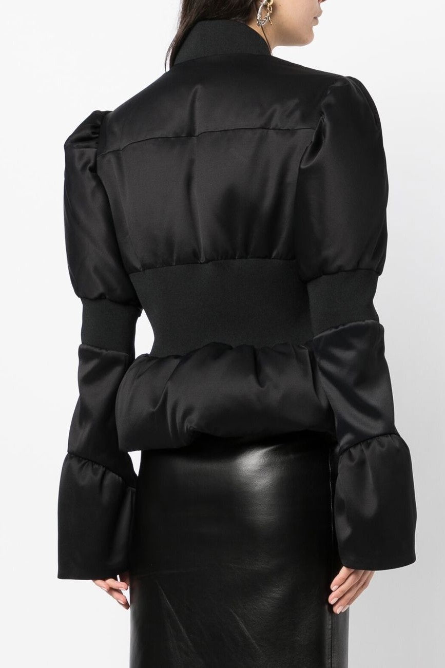OLIVE SATIN PEPLUM JACKET | PADDED PARTY BLAZER