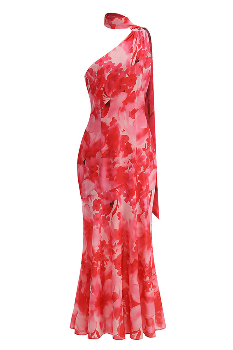 ONE-SHOULDER RED FLORAL MERMAID MAXI DRESS