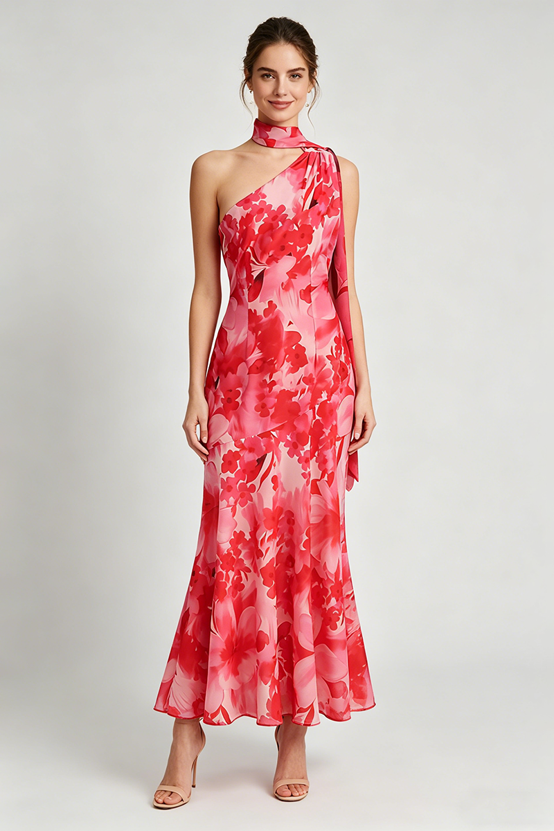 ONE-SHOULDER RED FLORAL MERMAID MAXI DRESS