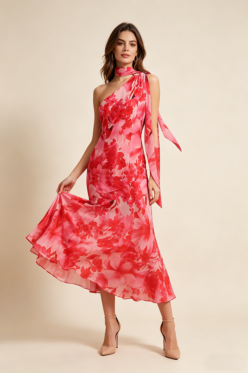 ONE-SHOULDER RED FLORAL MERMAID MAXI DRESS