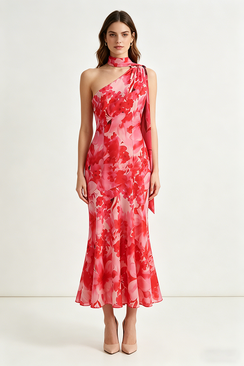 ONE-SHOULDER RED FLORAL MERMAID MAXI DRESS