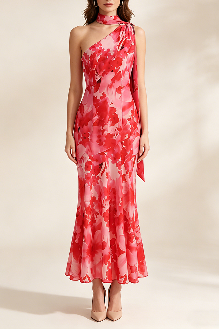 ONE-SHOULDER RED FLORAL MERMAID MAXI DRESS