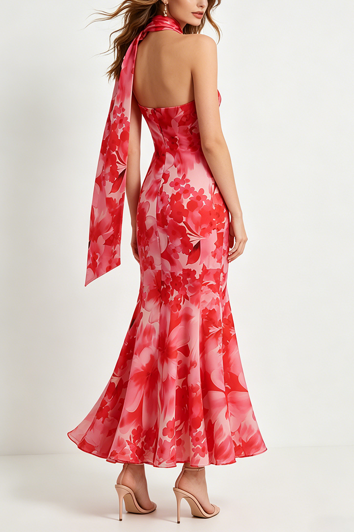 ONE-SHOULDER RED FLORAL MERMAID MAXI DRESS