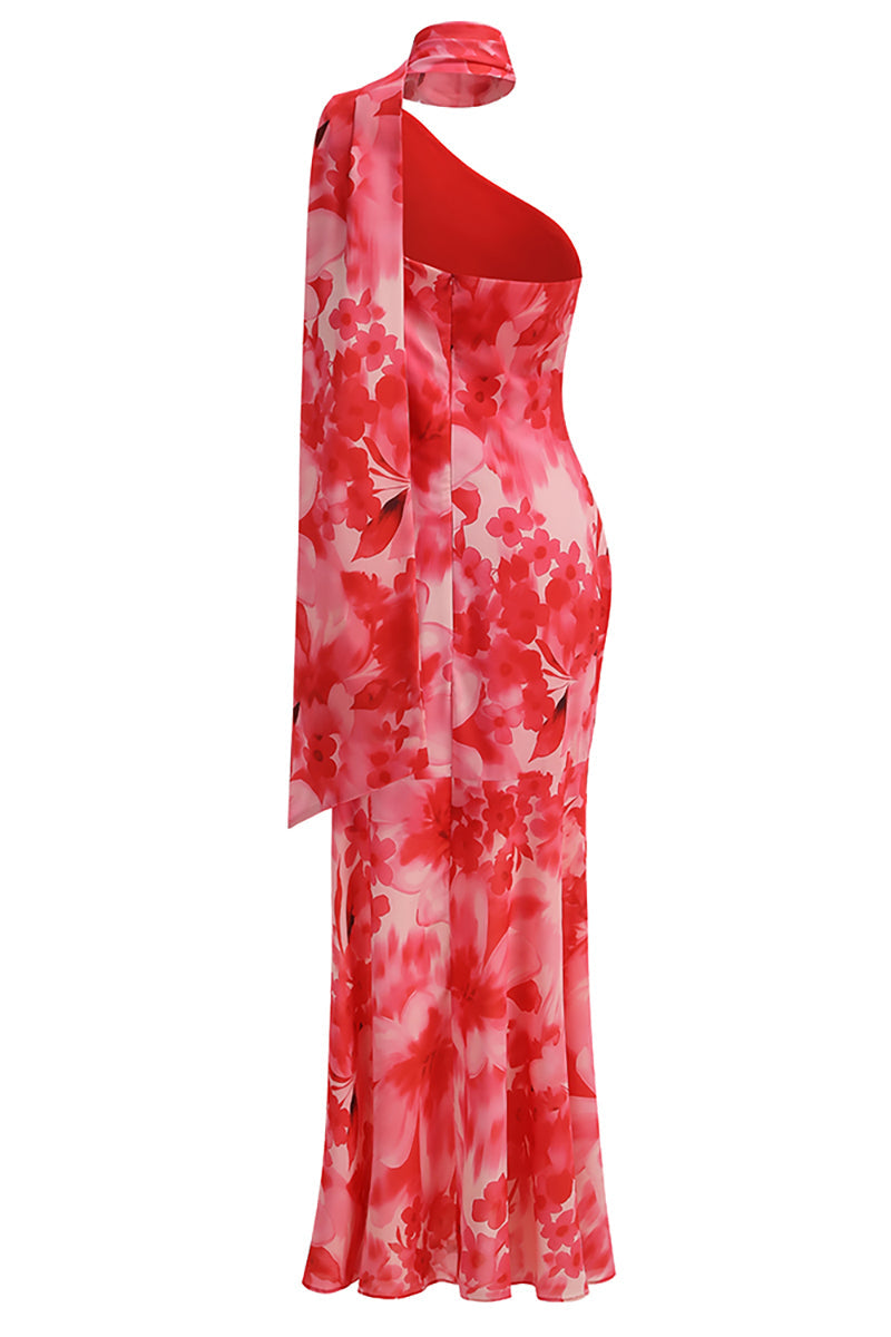 ONE-SHOULDER RED FLORAL MERMAID MAXI DRESS