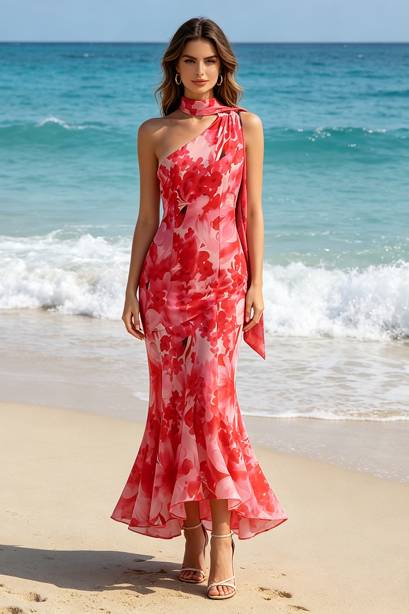 ONE-SHOULDER RED FLORAL MERMAID MAXI DRESS