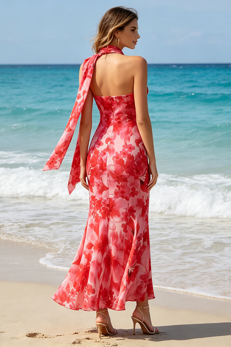 ONE-SHOULDER RED FLORAL MERMAID MAXI DRESS