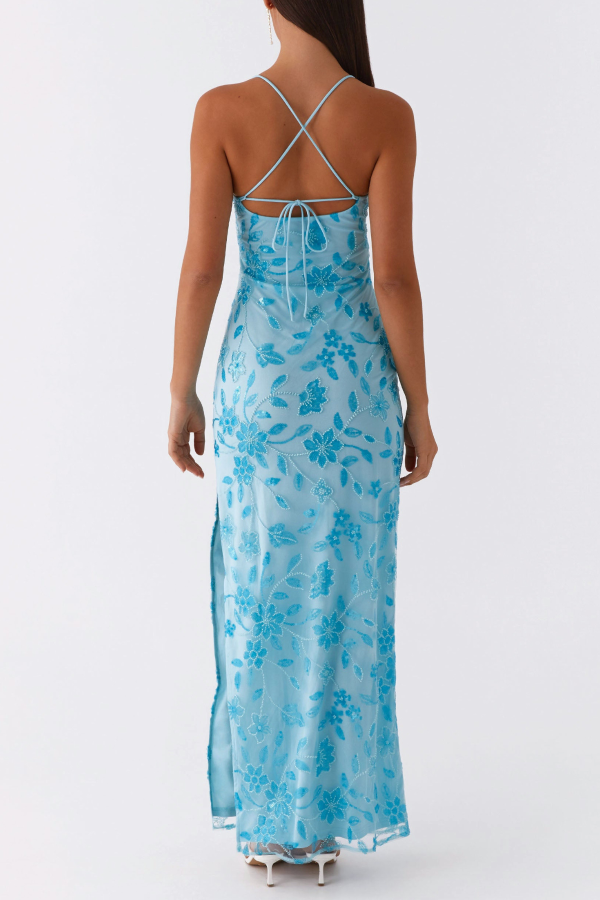 FLORAL SEQUIN MAXI DRESS - BLUE, PARTY EVENING GOWN