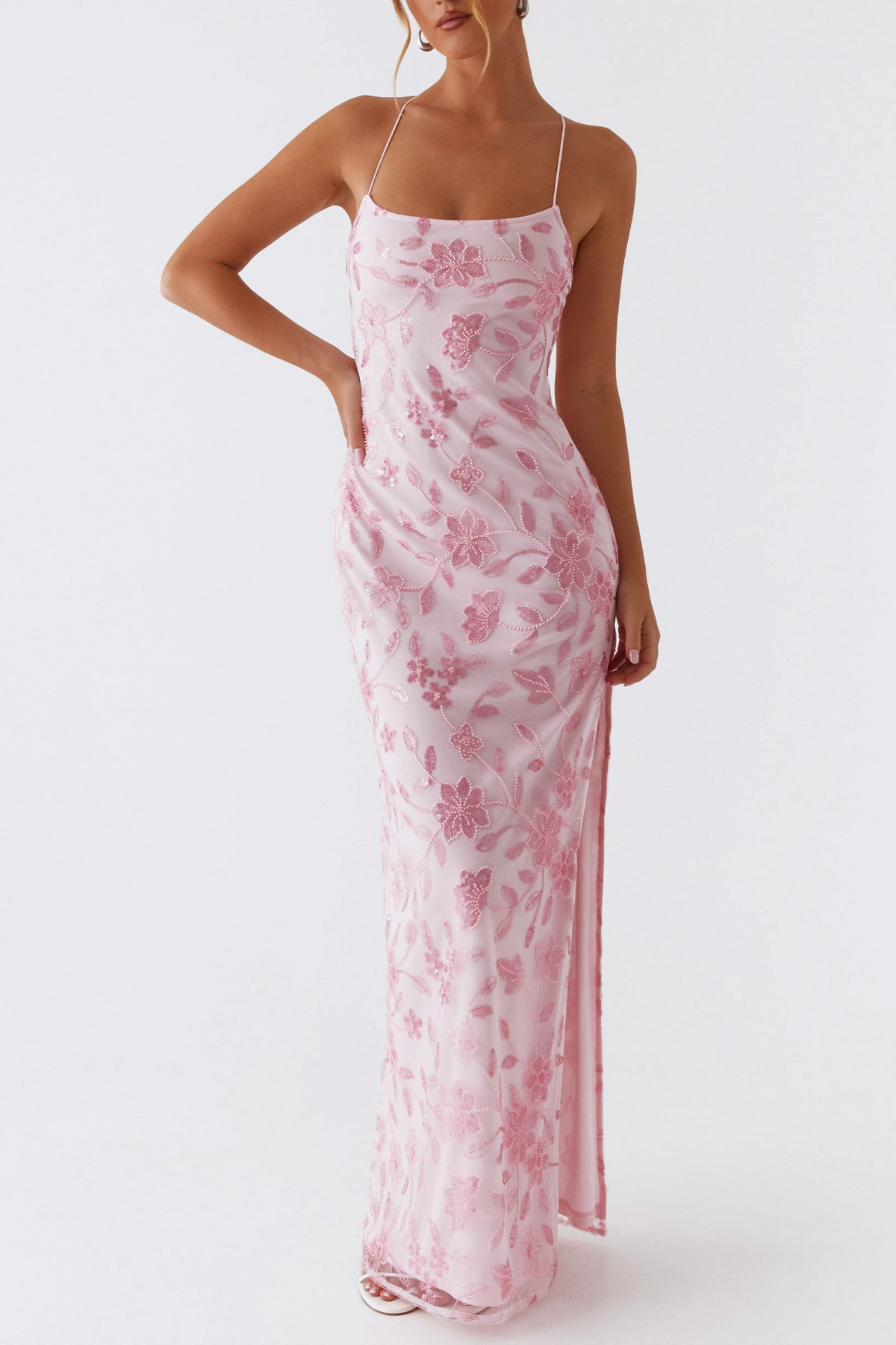 FLORAL SEQUIN MAXI DRESS PINK - PARTY GOWN