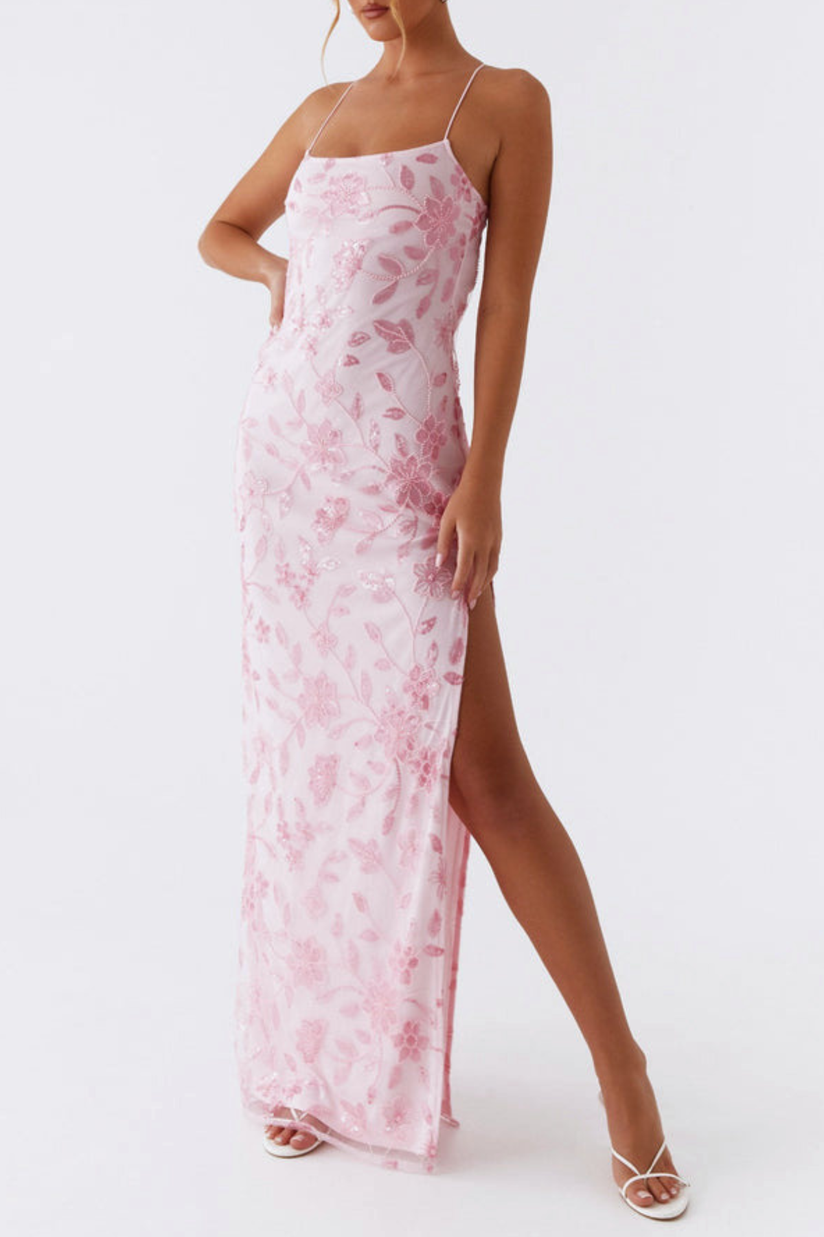 FLORAL SEQUIN MAXI DRESS PINK - PARTY GOWN
