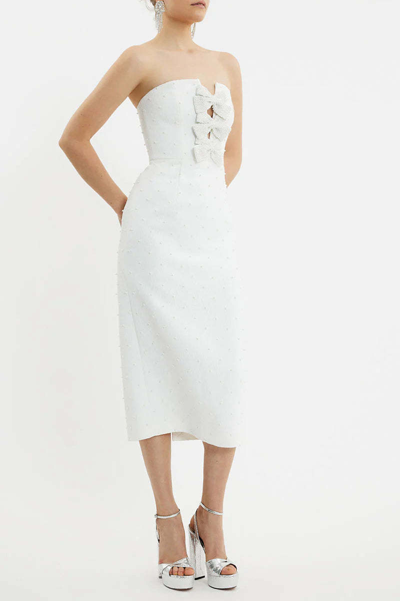 NANCY PEARL BOW MIDI DRESS - IVORY WEDDING GUEST