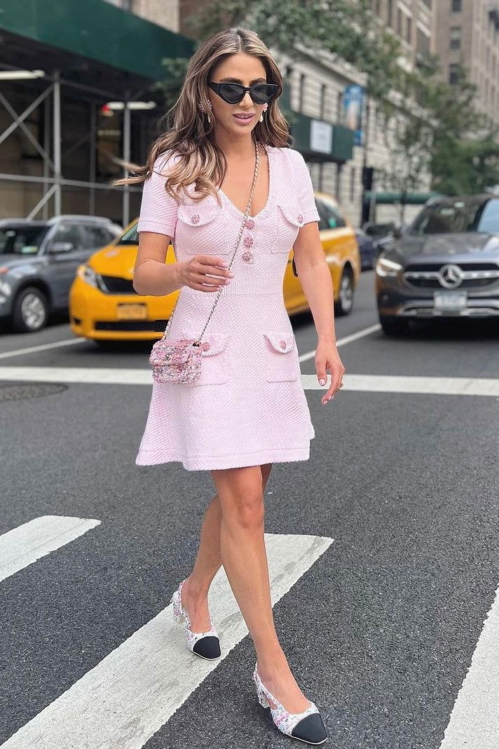 KARINE PINK V-NECK KNIT MINI DRESS