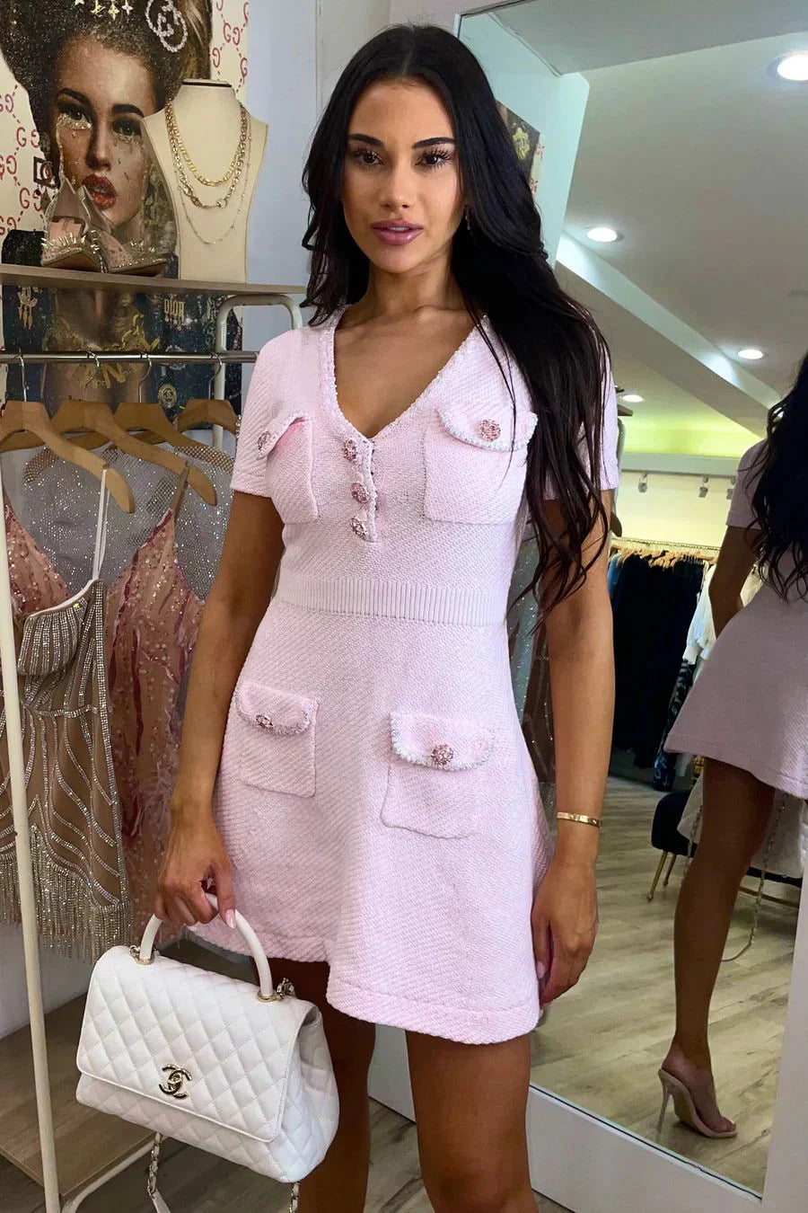 KARINE PINK V-NECK KNIT MINI DRESS