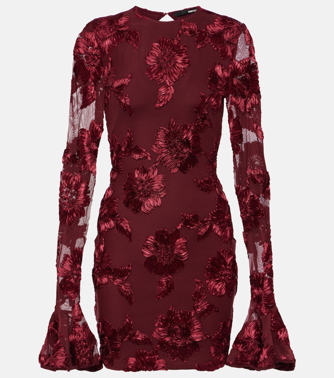 FLORAL EMBROIDERED MESH MINI DRESS, WINE WEDDING GUEST