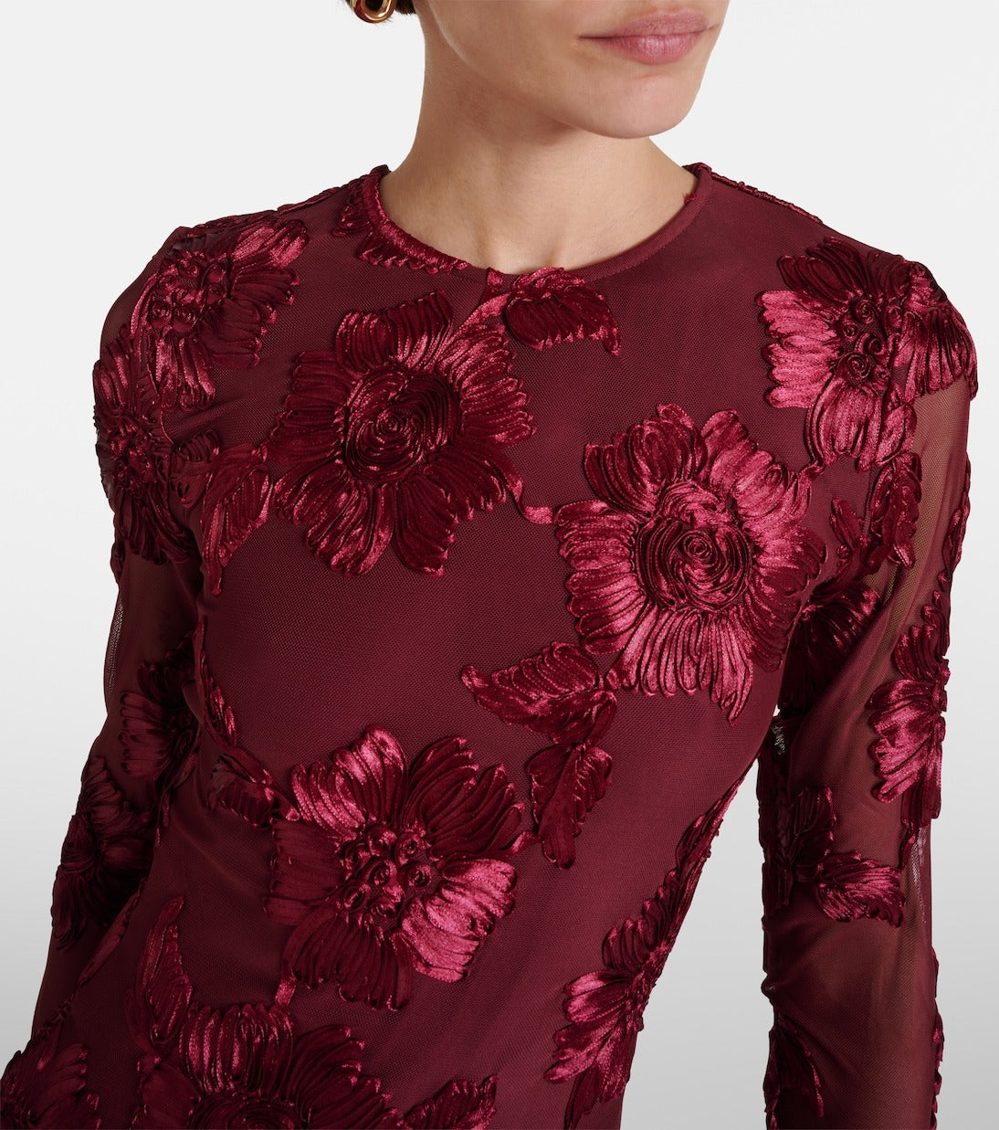 FLORAL EMBROIDERED MESH MINI DRESS, WINE WEDDING GUEST