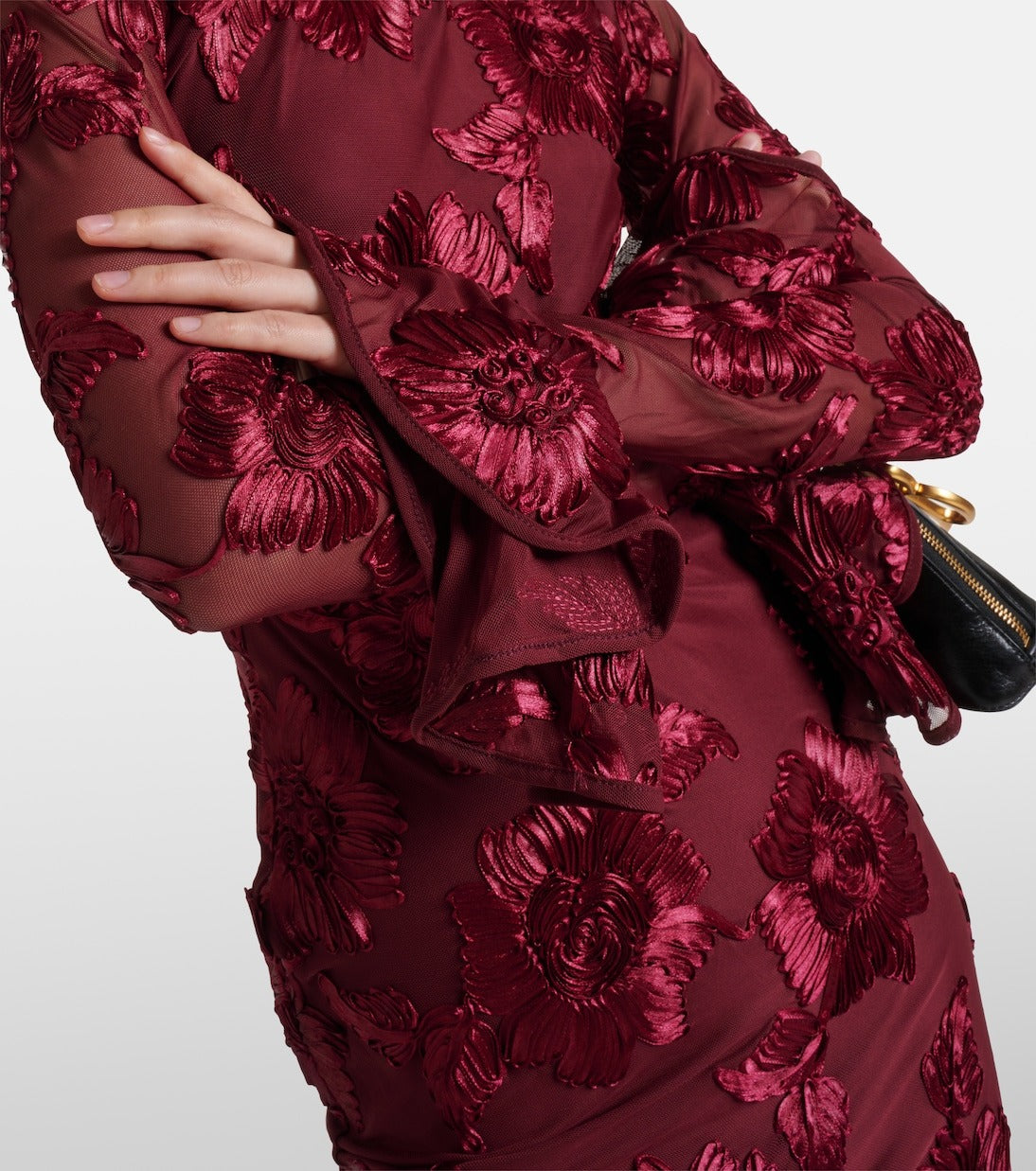 FLORAL EMBROIDERED MESH MINI DRESS, WINE WEDDING GUEST