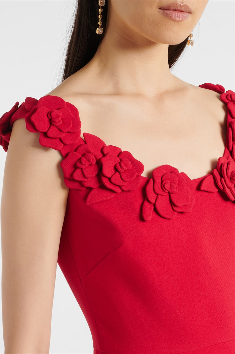 RED EMBELLISHED FLORAL MIDI DRESS FOR PARTY