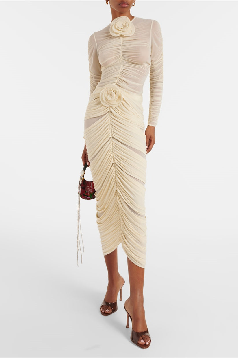 DRESSED FLORAL APPLIQUE DOREEN CRIMPED EVENING GOWN