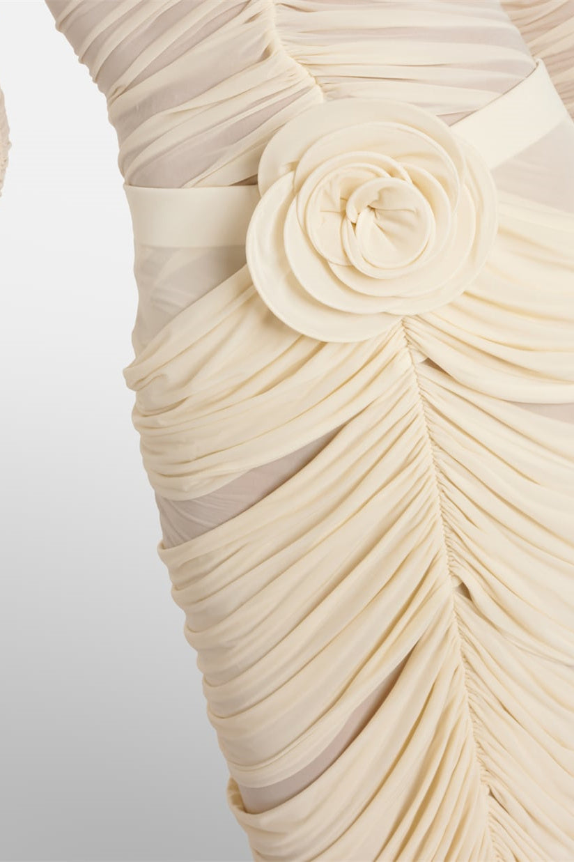DRESSED FLORAL APPLIQUE DOREEN CRIMPED EVENING GOWN