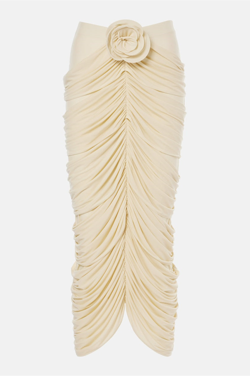 DRESSED FLORAL APPLIQUE DOREEN CRIMPED EVENING GOWN