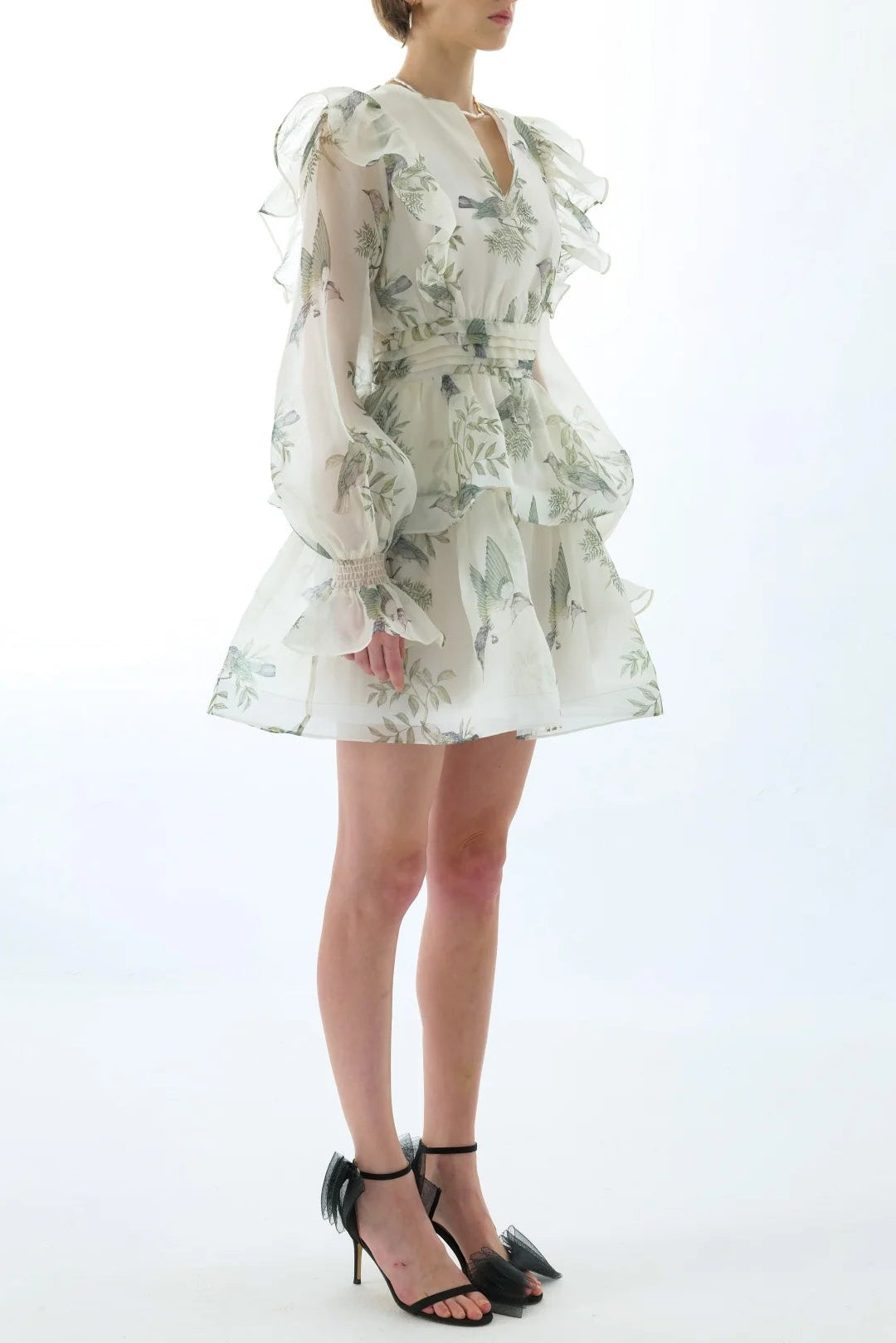 NORMA FLORAL SILK TIE NECK MINI DRESS