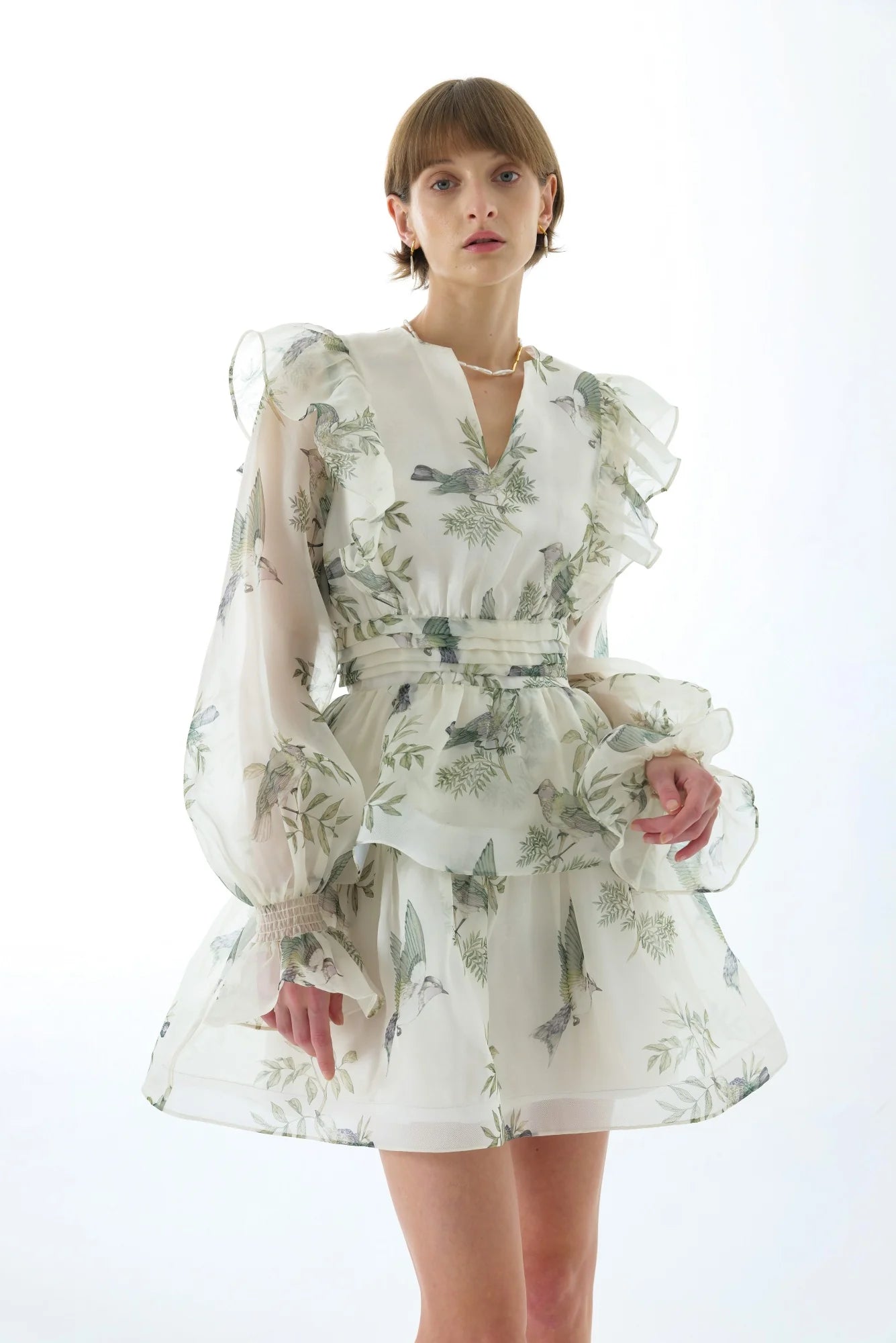 NORMA FLORAL SILK TIE NECK MINI DRESS