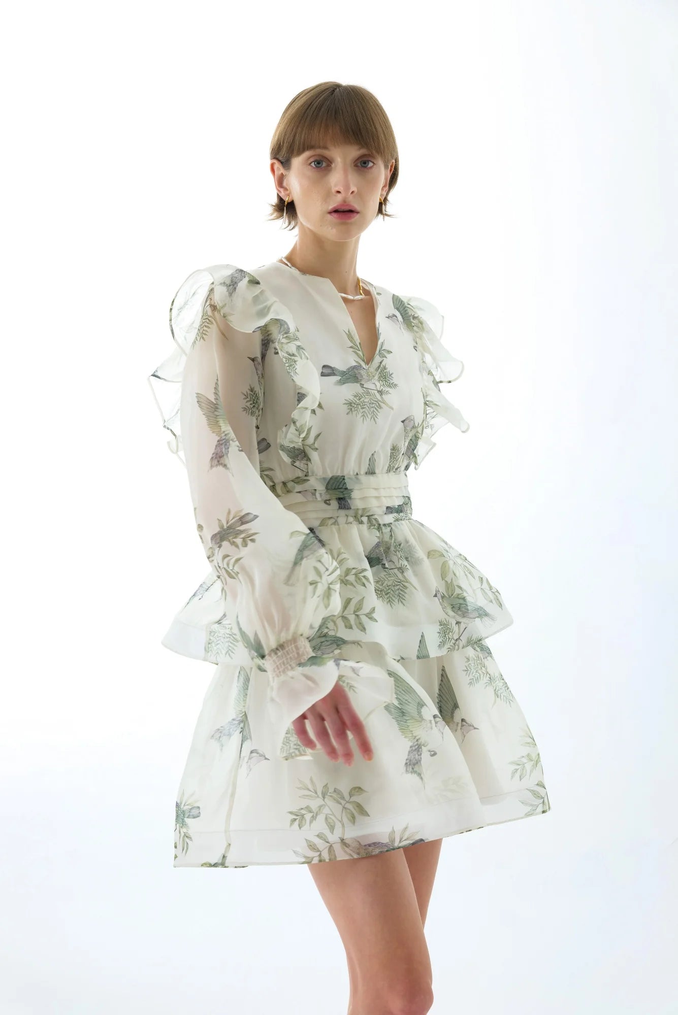 NORMA FLORAL SILK TIE NECK MINI DRESS