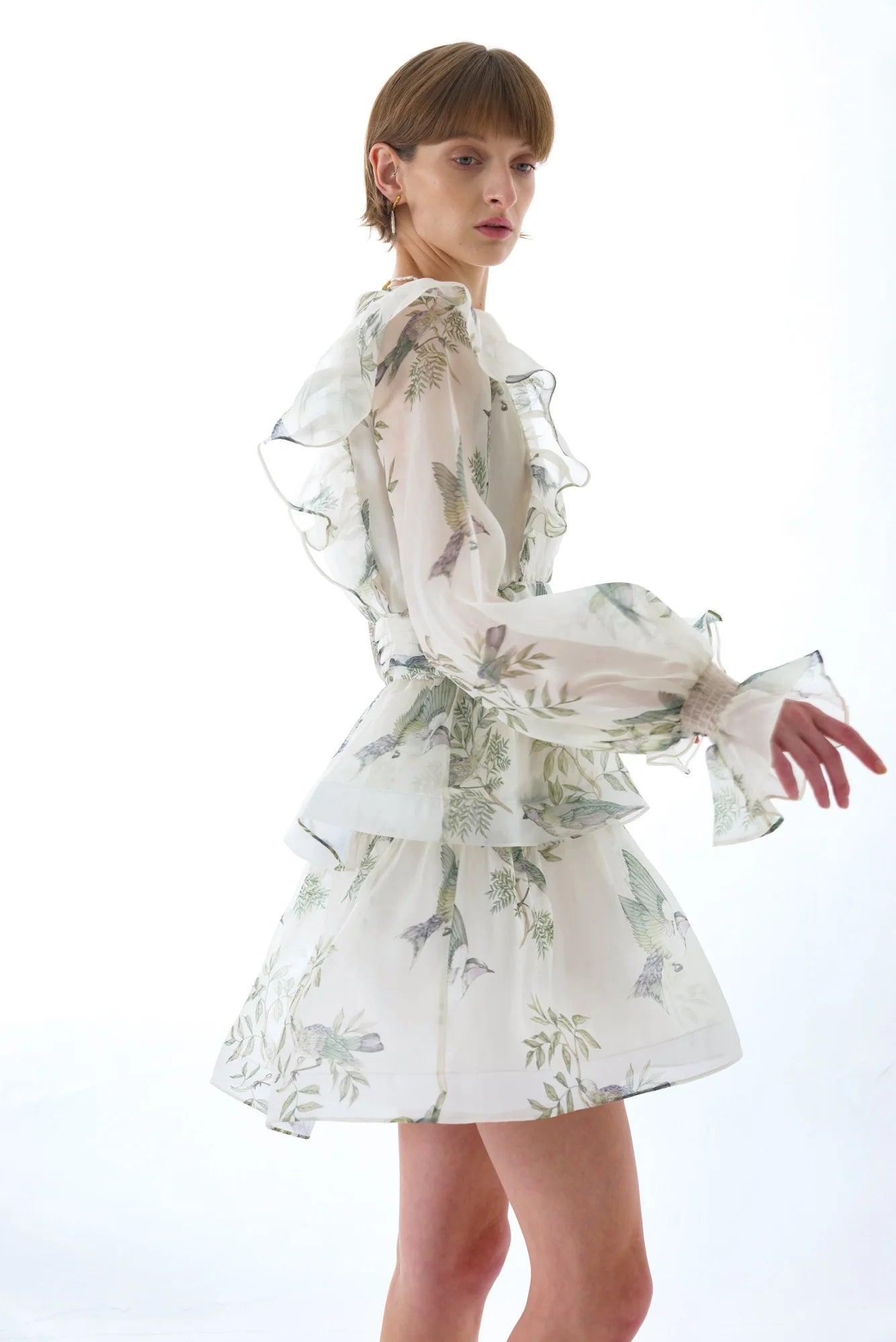 NORMA FLORAL SILK TIE NECK MINI DRESS