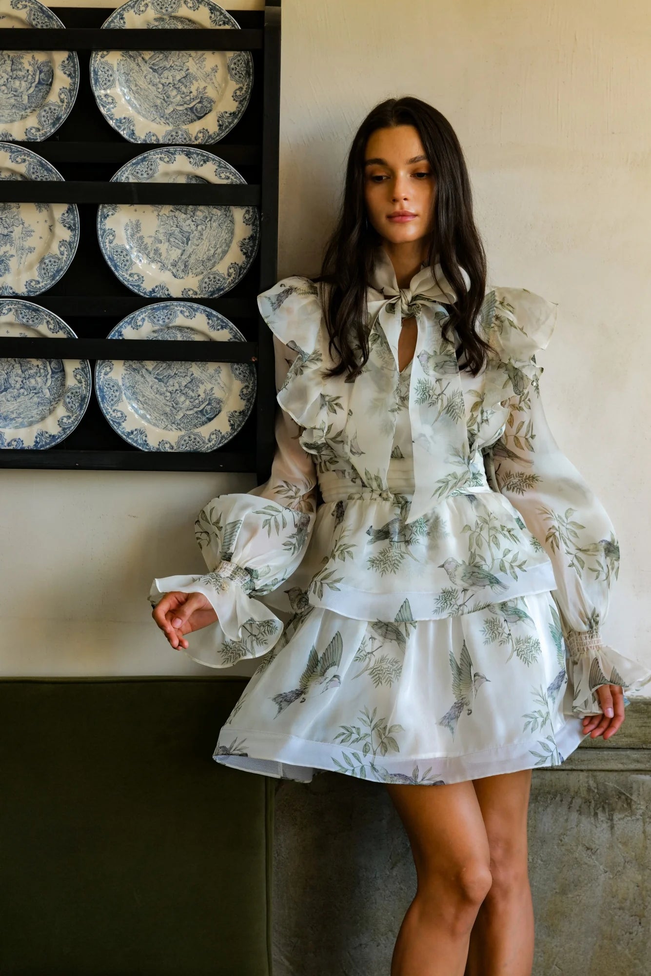 NORMA FLORAL SILK TIE NECK MINI DRESS