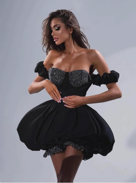 STRAPLESS BLACK PUFFY RHINESTONE MINI DRESS FOR PARTY