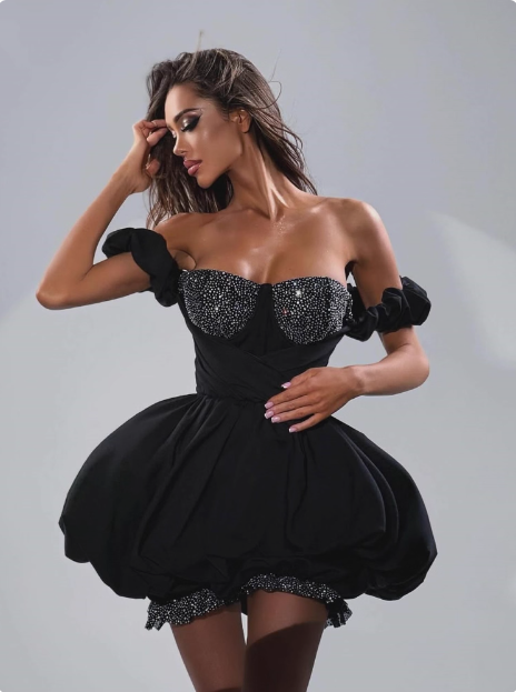 STRAPLESS BLACK PUFFY RHINESTONE MINI DRESS FOR PARTY