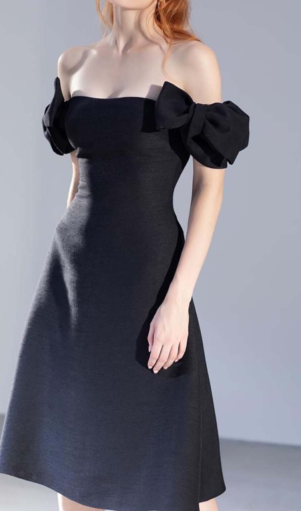 PATCHWORK BOW MIDI DRESS BLACK COCKTAIL