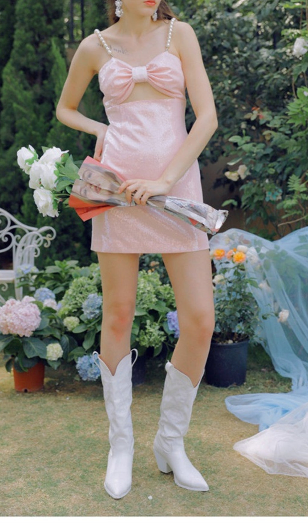 PEARL STRAPPY SATIN MINI DRESS PINK