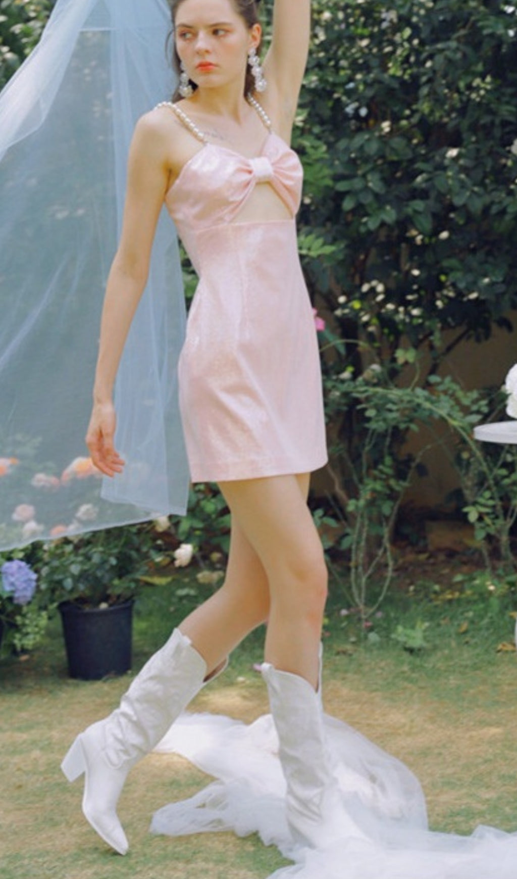PEARL STRAPPY SATIN MINI DRESS PINK