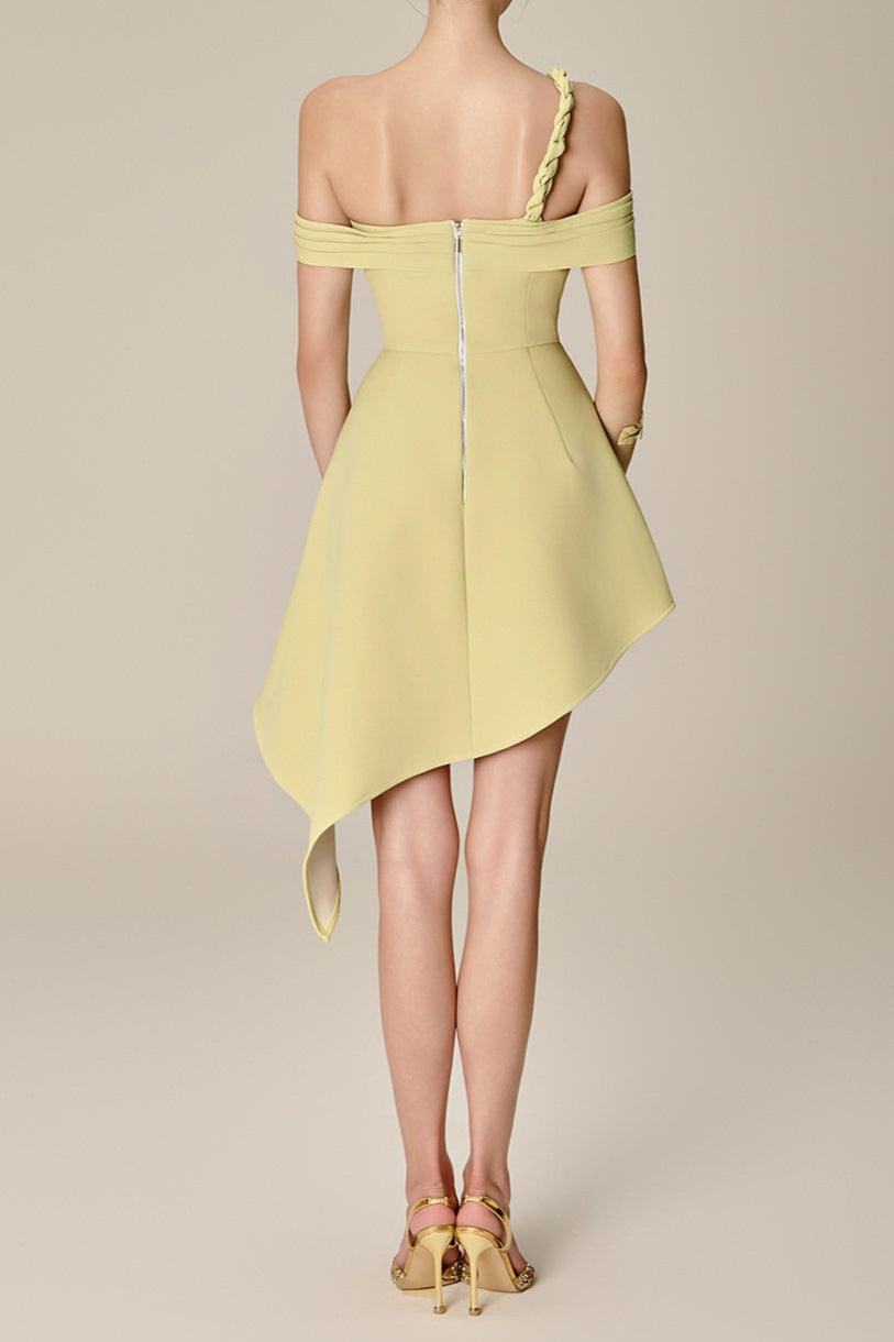 ANILA ASYMMETRIC OFF-SHOULDER MINI DRESS IN NUGGETS GREEN