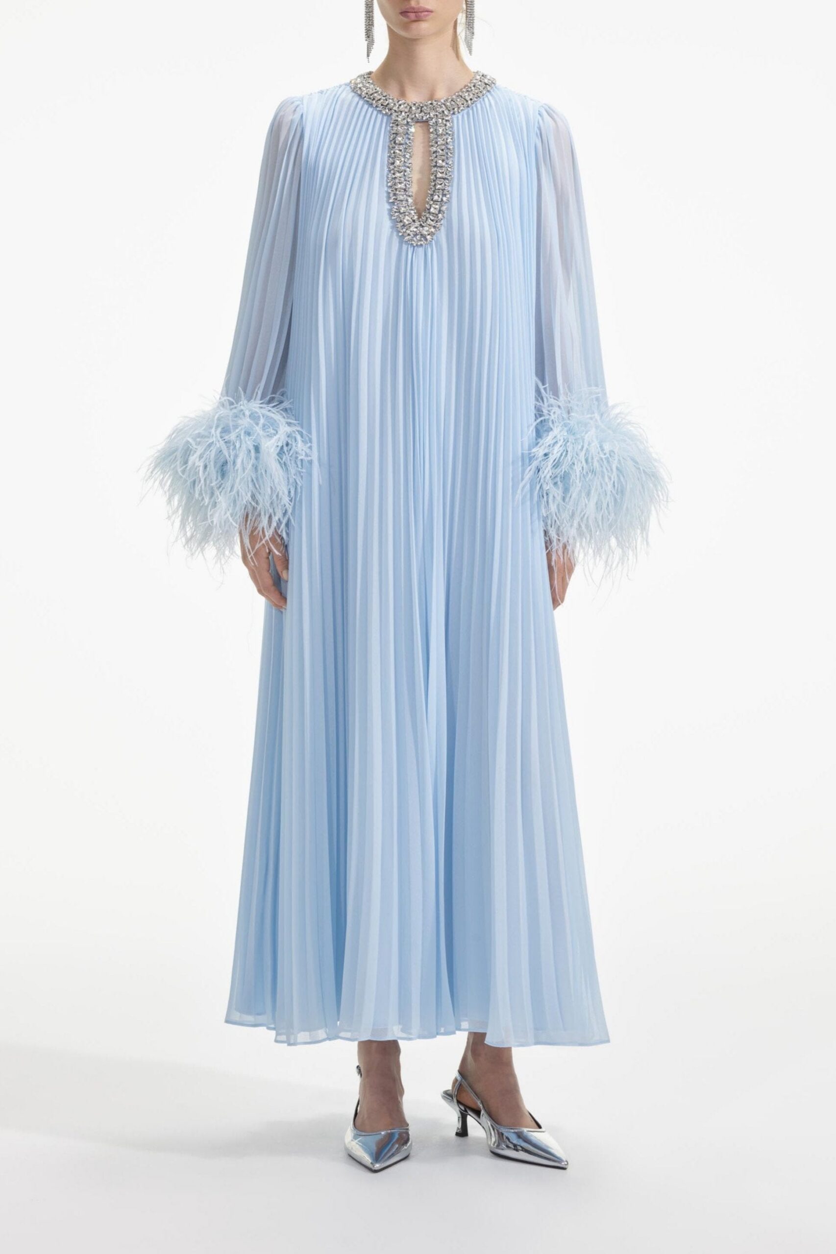 PF24-974M-BL_1 BLUE CHIFFON FEATHER MIDI DRESS FOR PARTY