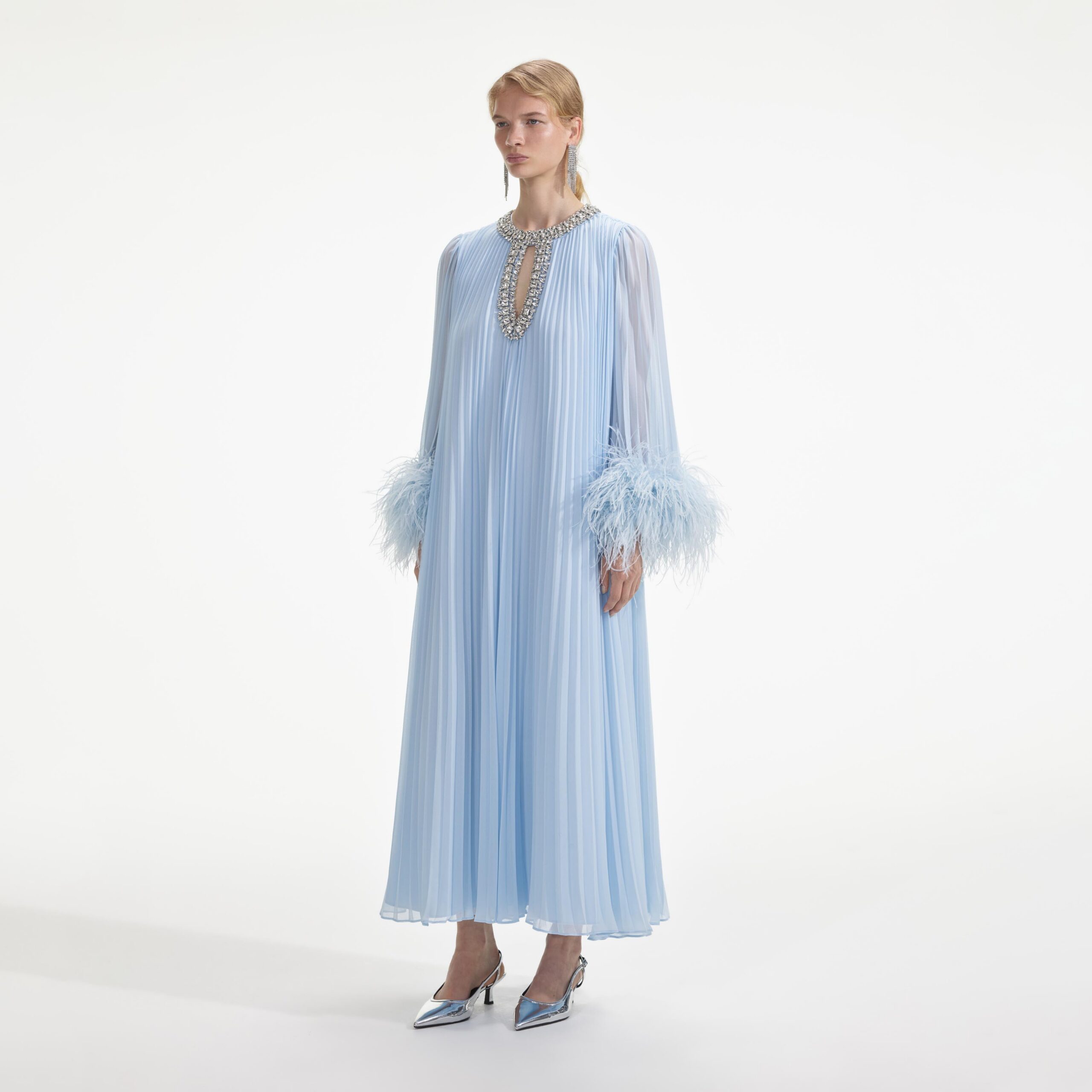 BLUE CHIFFON FEATHER MIDI DRESS FOR PARTY