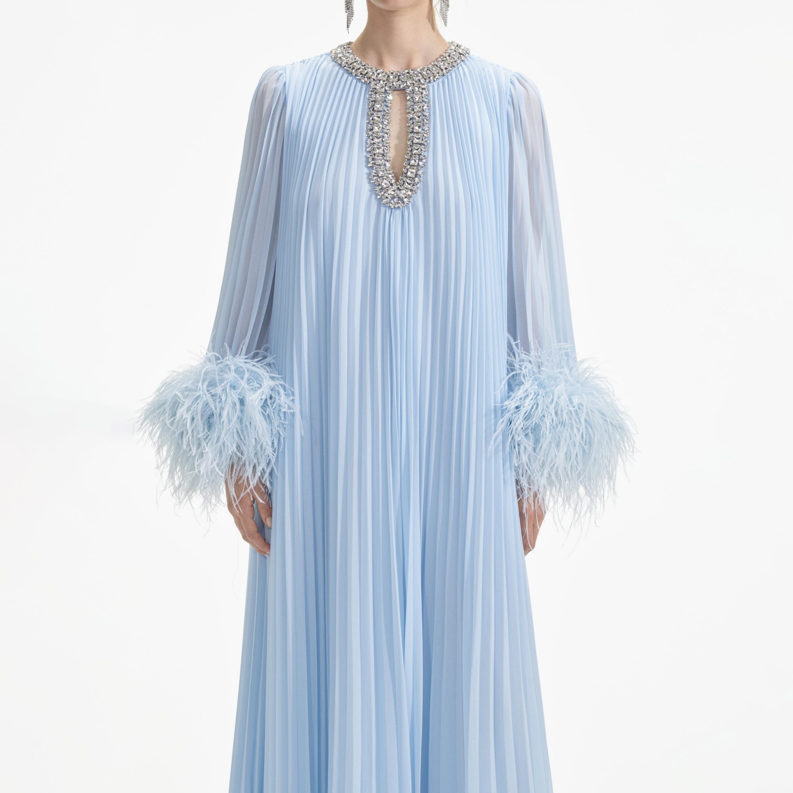 BLUE CHIFFON FEATHER MIDI DRESS FOR PARTY
