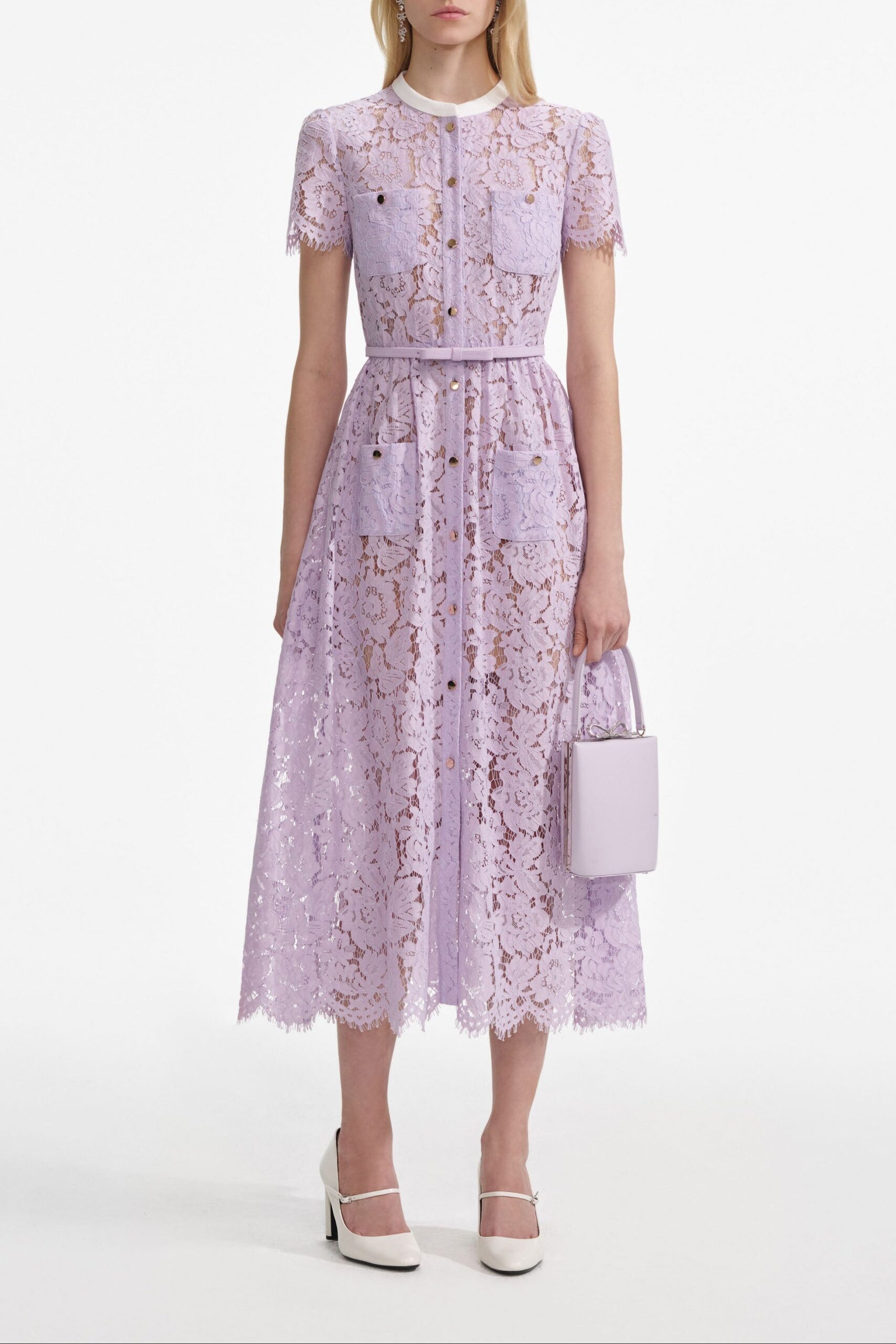 PF25-006M-L-1 LILAC LACE MIDI DRESS WITH BUTTON FRONT