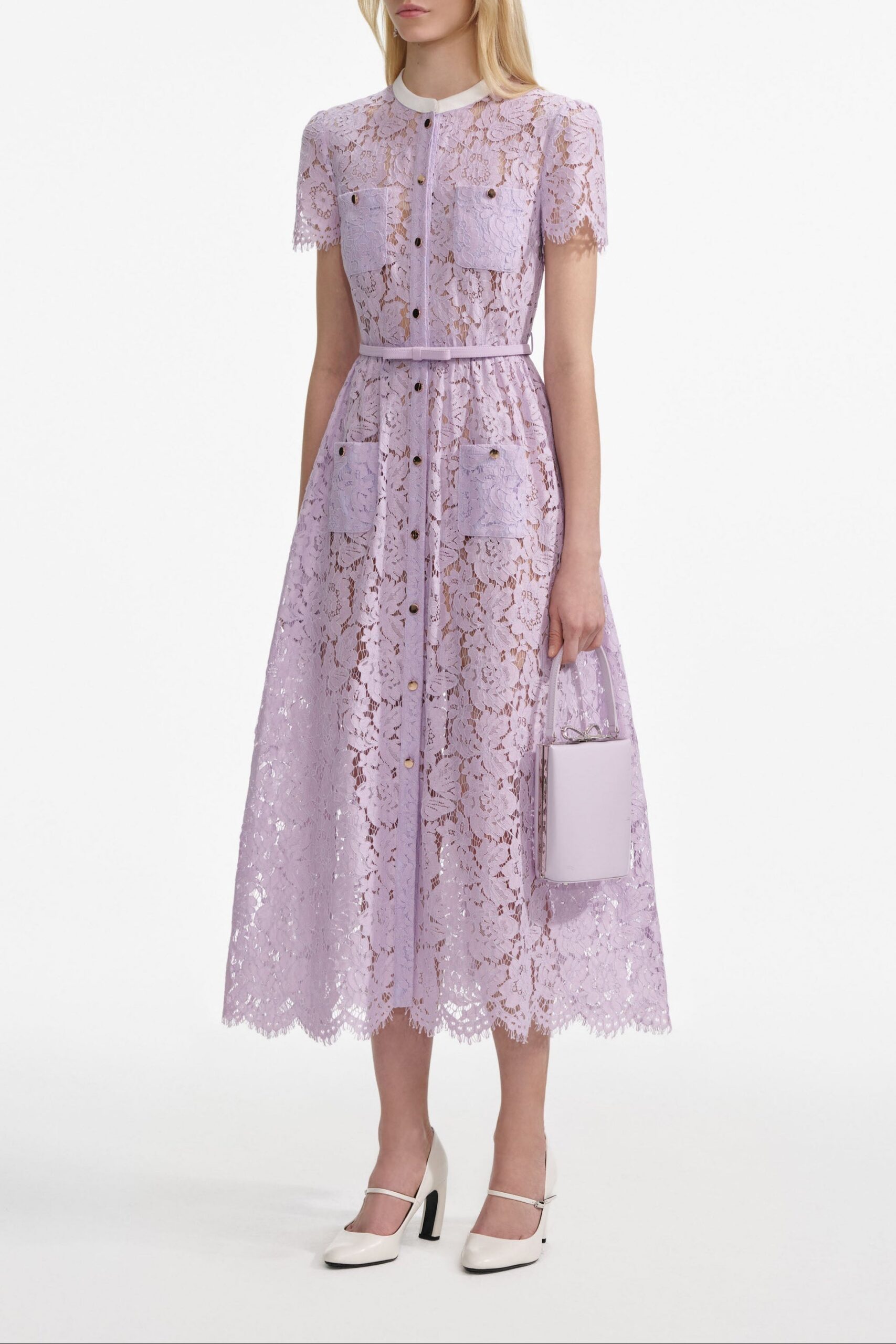 LILAC LACE MIDI DRESS WITH BUTTON FRONT