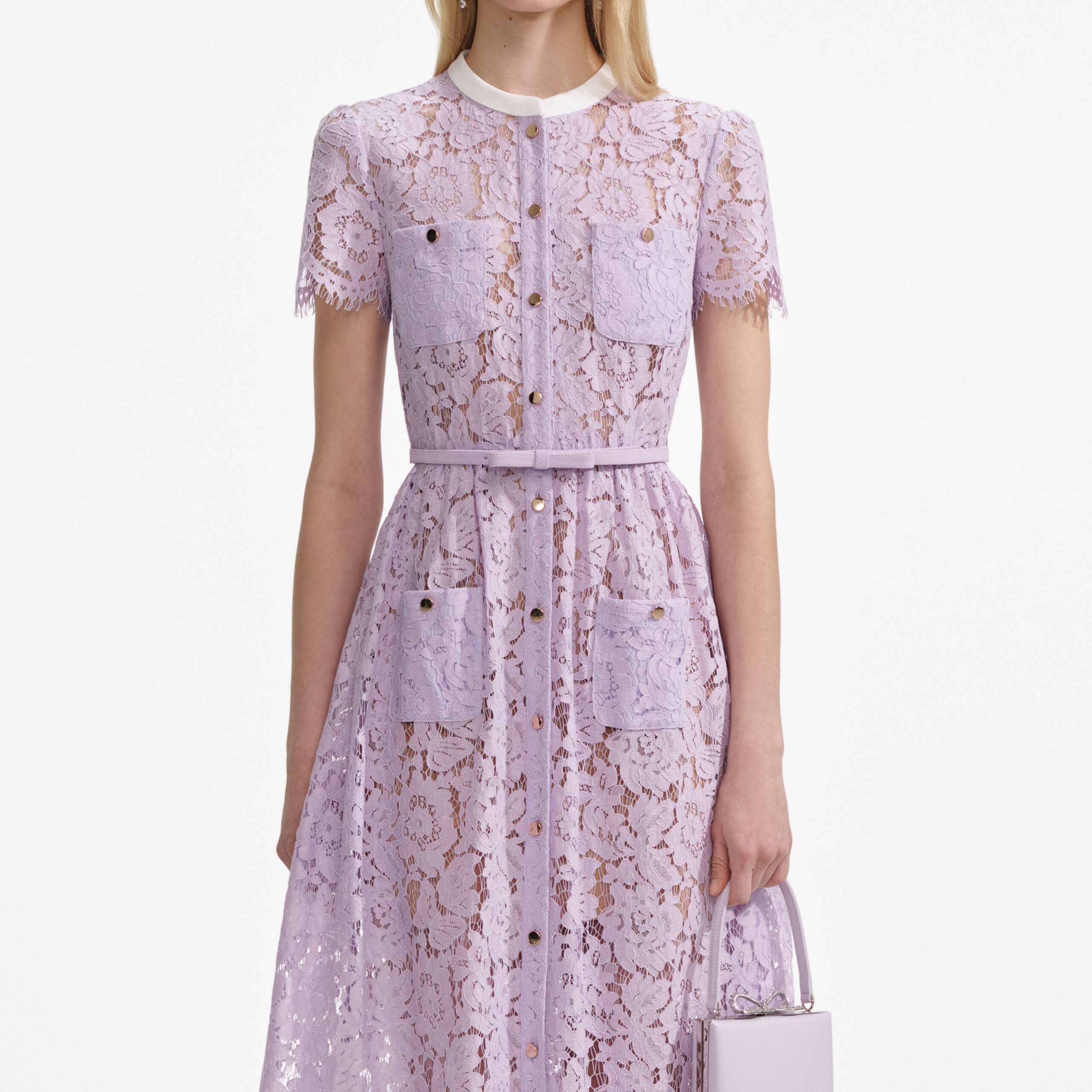 LILAC LACE MIDI DRESS WITH BUTTON FRONT