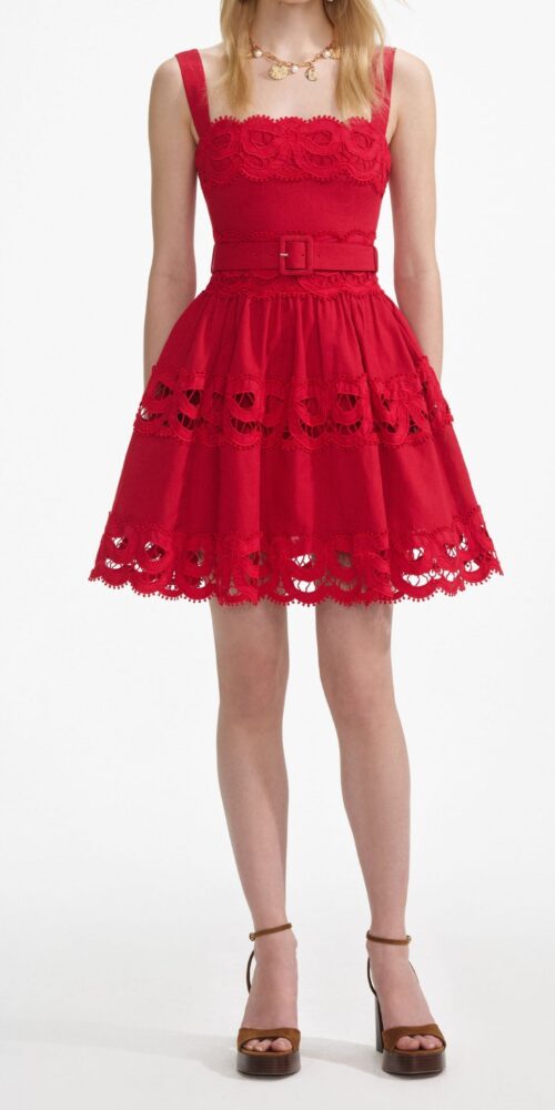 Linen Lace Insert Mini Dress in red Linen Lace Insert Mini Dress in red