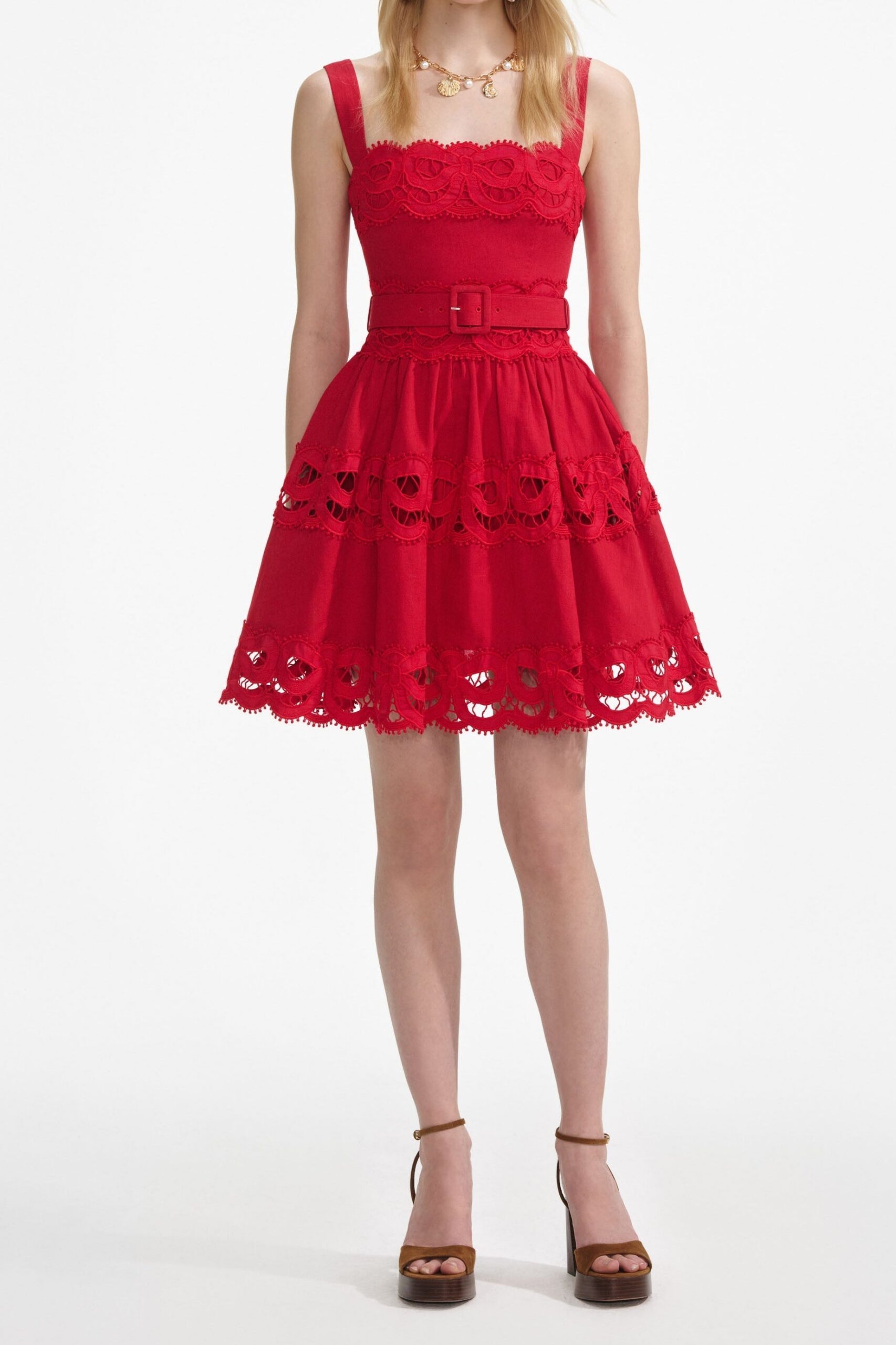 RED LINEN LACE MINI DRESS FOR WEDDING