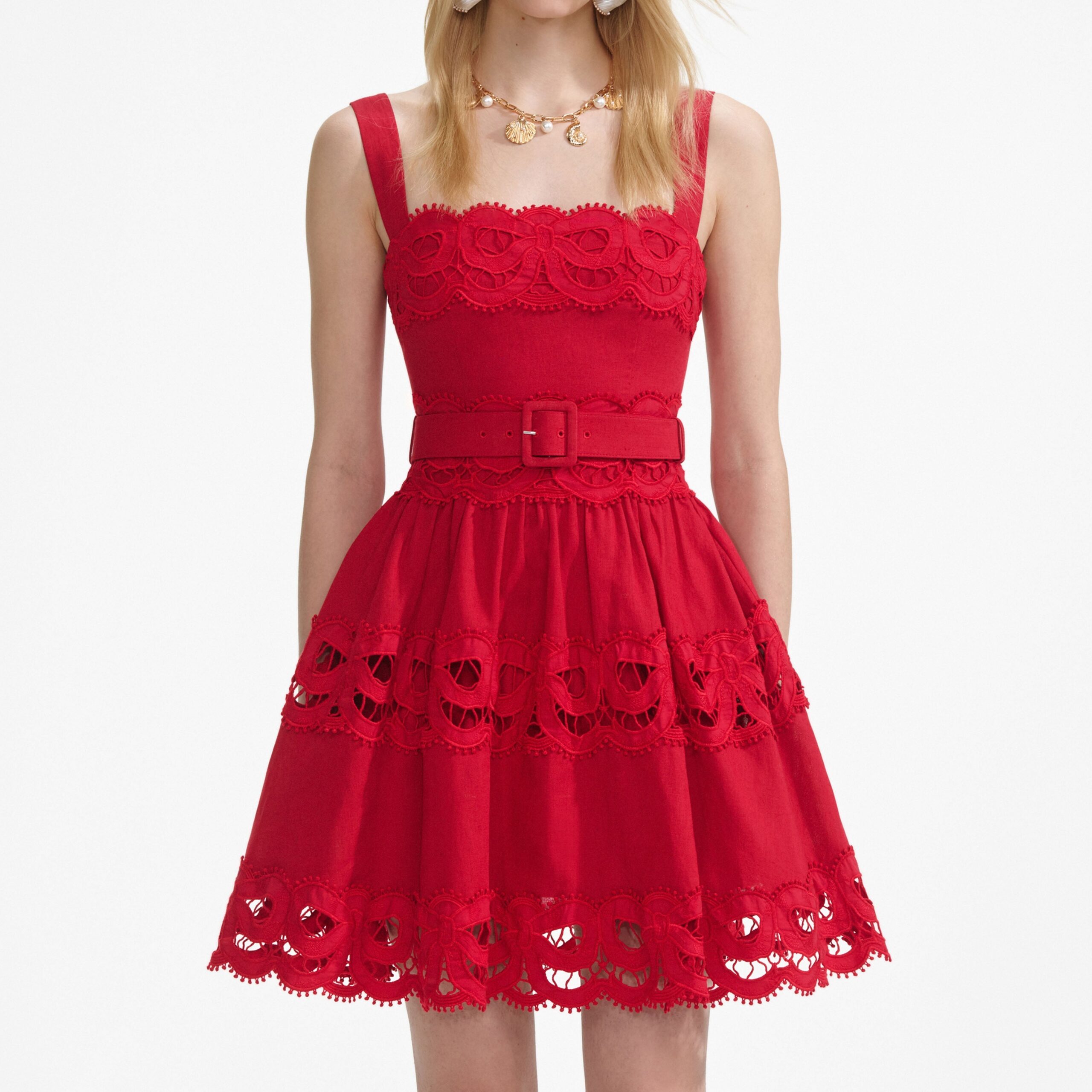 RED LINEN LACE MINI DRESS FOR WEDDING