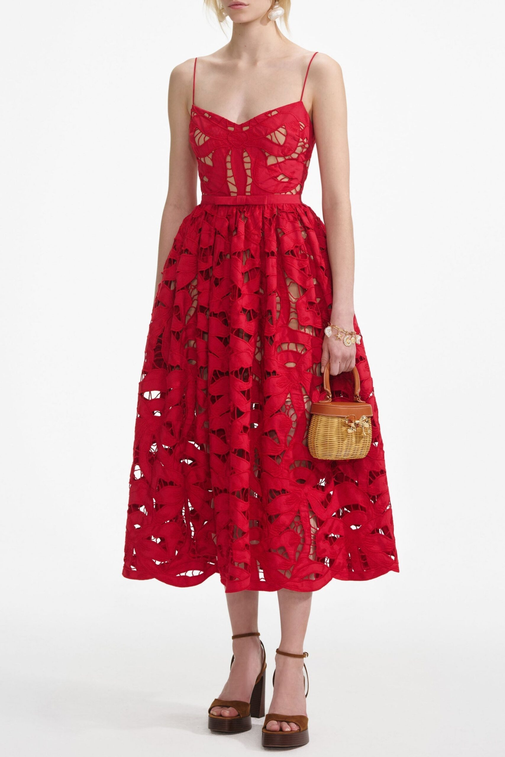 WENDY RED BOW EMBROIDERED MIDI DRESS FOR HOLIDAY PARTIES