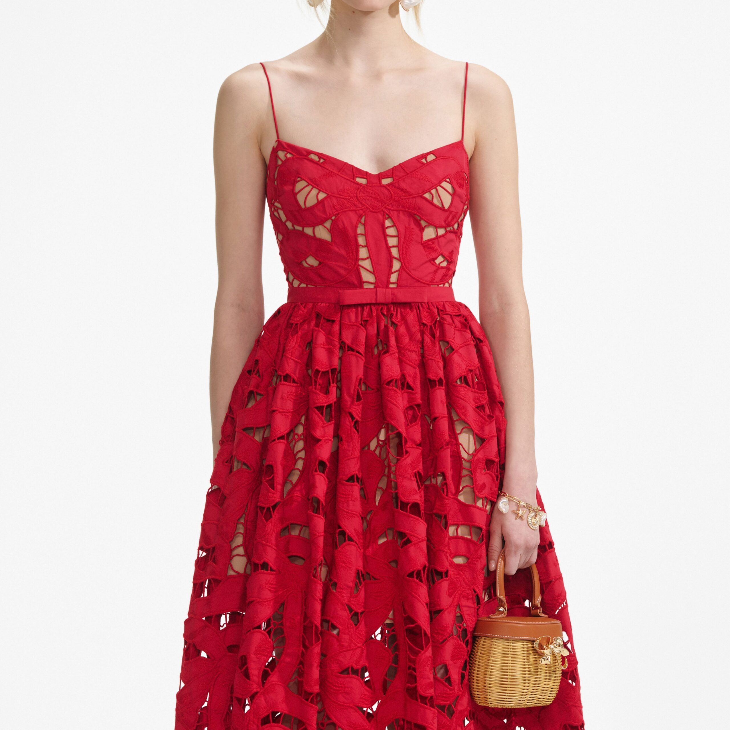 WENDY RED BOW EMBROIDERED MIDI DRESS FOR HOLIDAY PARTIES