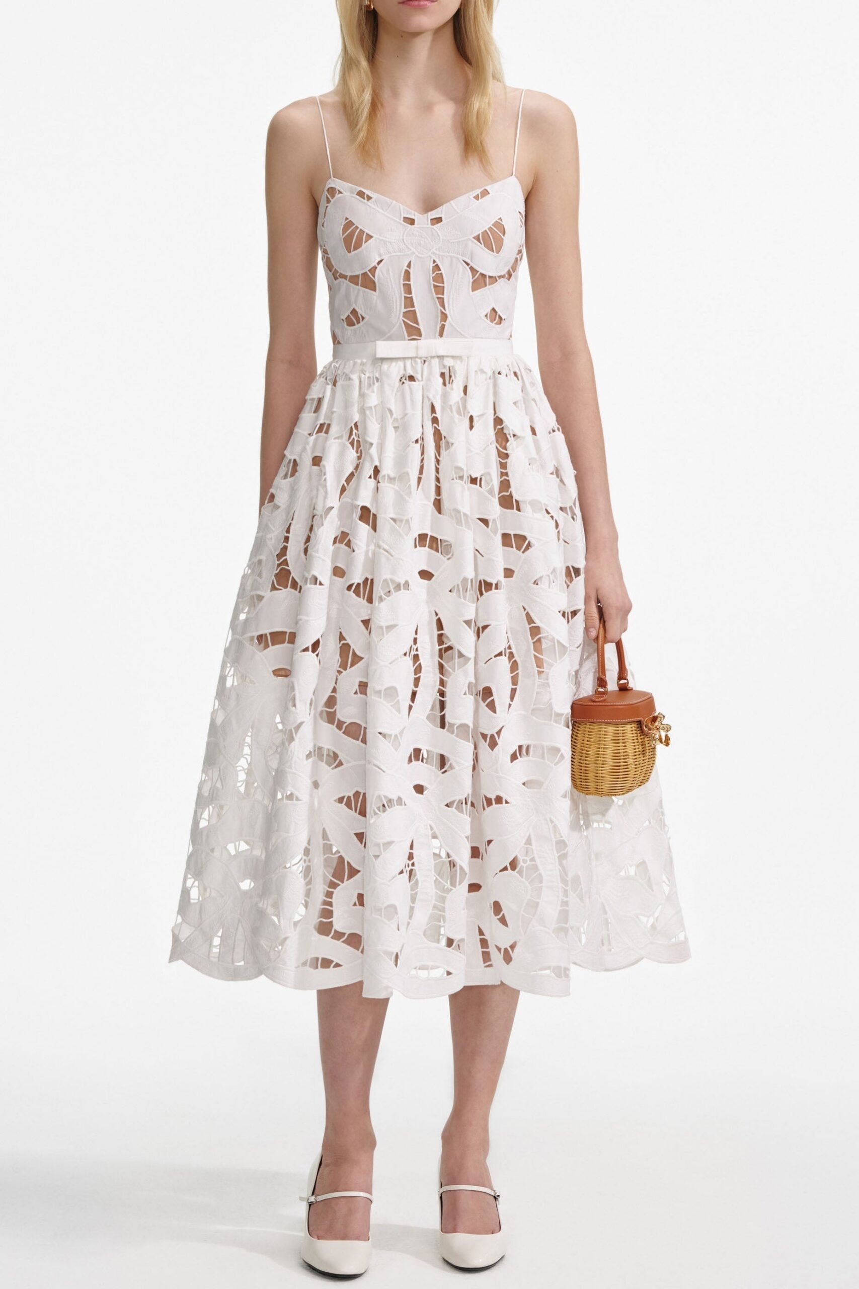 PF25-013M-W-1 XANTHE WHITE EMBROIDERED BOW MIDI DRESS
