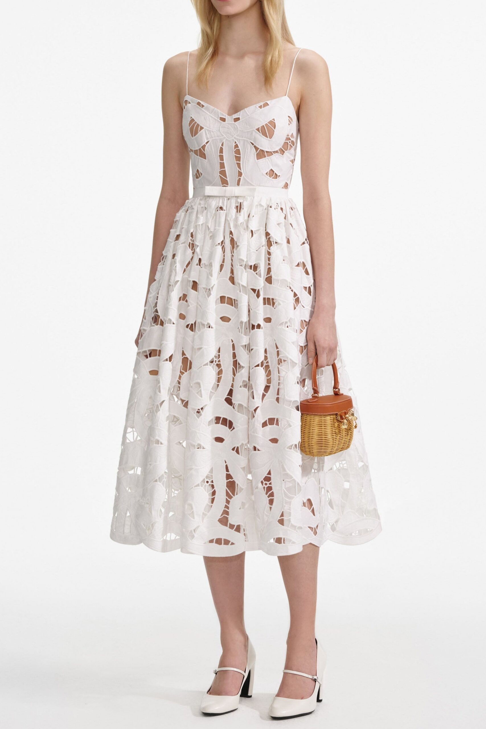 XANTHE WHITE EMBROIDERED BOW MIDI DRESS