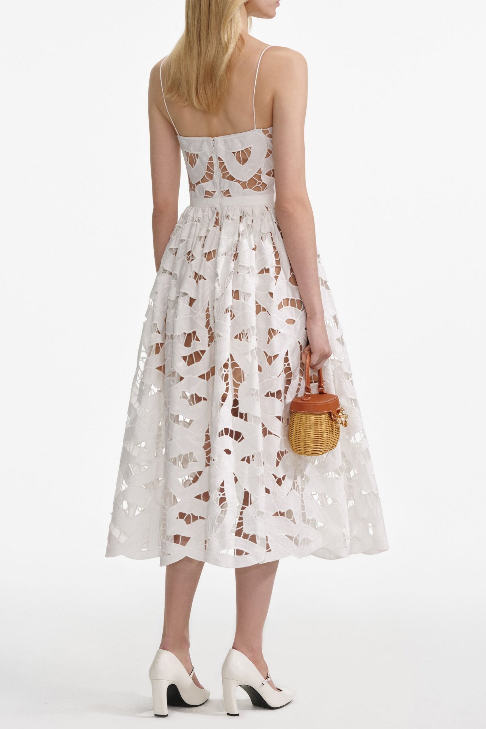 XANTHE WHITE EMBROIDERED BOW MIDI DRESS