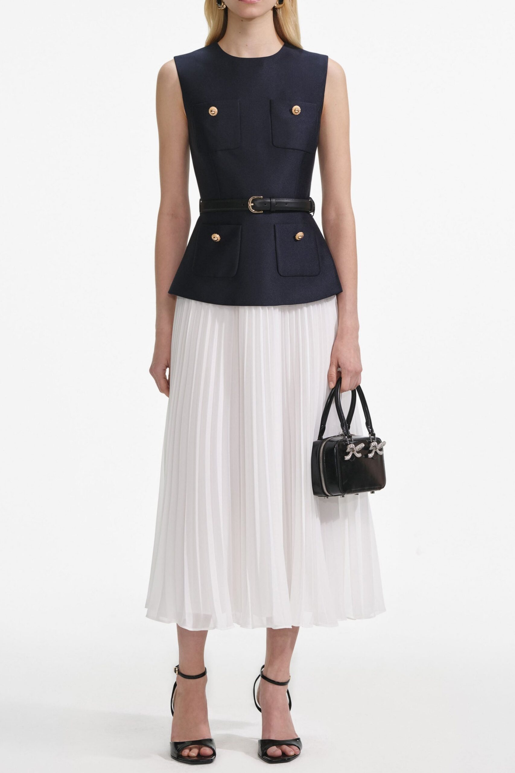 PF25-017MA-BL-1 PENNY NAVY TAFFETA MIDI DRESS FOR EVENING